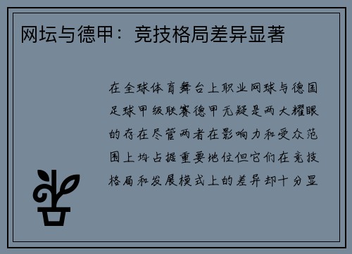 网坛与德甲：竞技格局差异显著